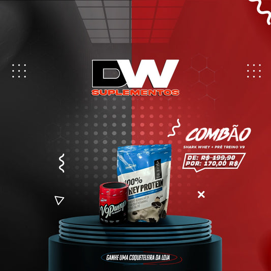 COMBÃO SHAK WHEY, PRÉ TREINO V9